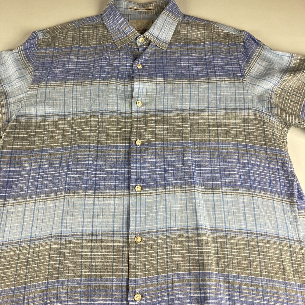 Tasso Elba Island Shirt Mens Large Linen Cotton Plaid Short Sleeve Button Up